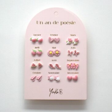 12 paires de boucles d'oreilles en céramique / Série rose - Un an de poésie - Yuko B.