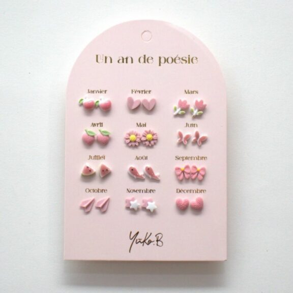 12 paires de boucles d'oreilles en céramique / Série rose - Un an de poésie - Yuko B.