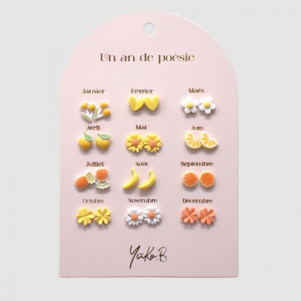 12 paires de boucles d'oreilles en céramique / Série jaune - Un an de poésie - Yuko B.