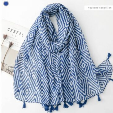 Foulard Indira Pompons / Losange Bleu & Blanc