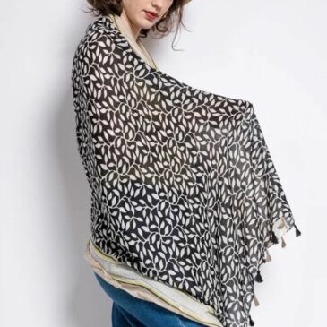 Foulard Indira Pompons / Feuille Noir & Blanc