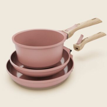 Trio poêles et casserole avec poignées détachables / Couleur Rose Guimauve - CookUt