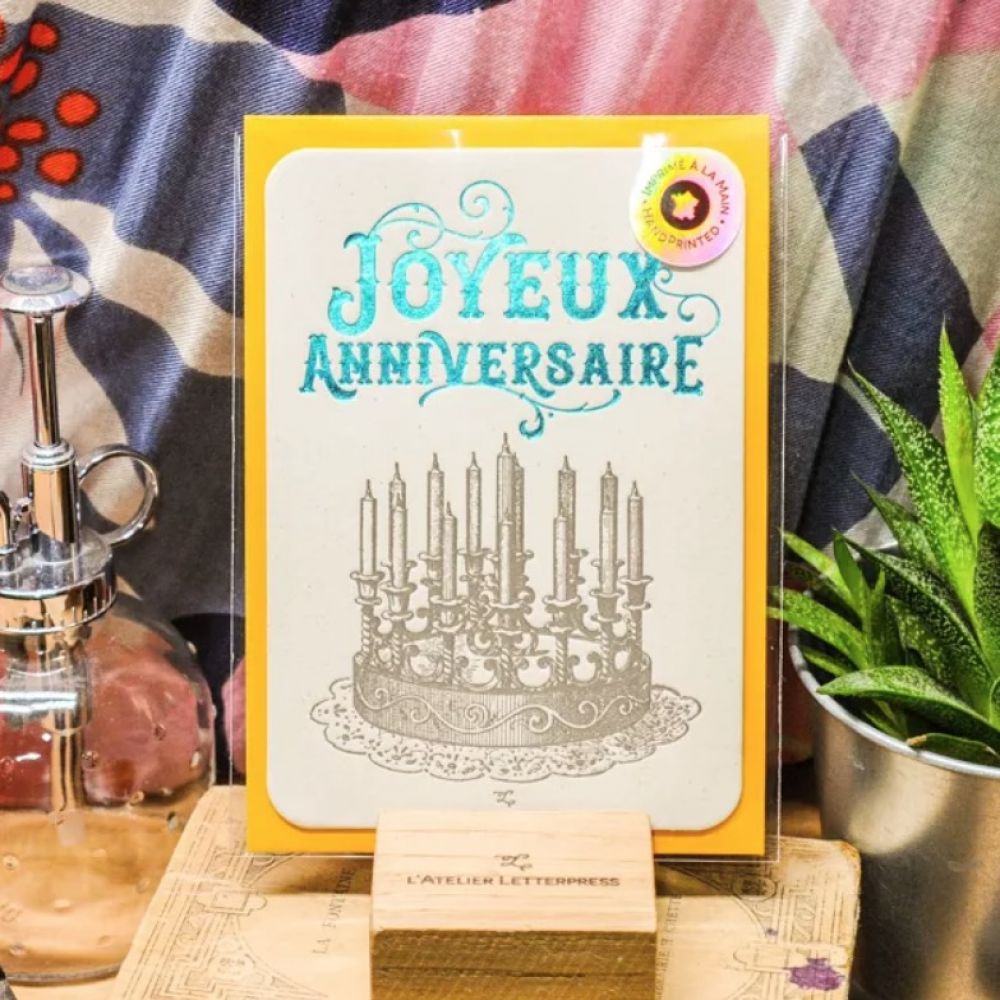 Carte Letterpress Joyeux anniversaire / Gâteau & Turqoise - Atelier Letterpress